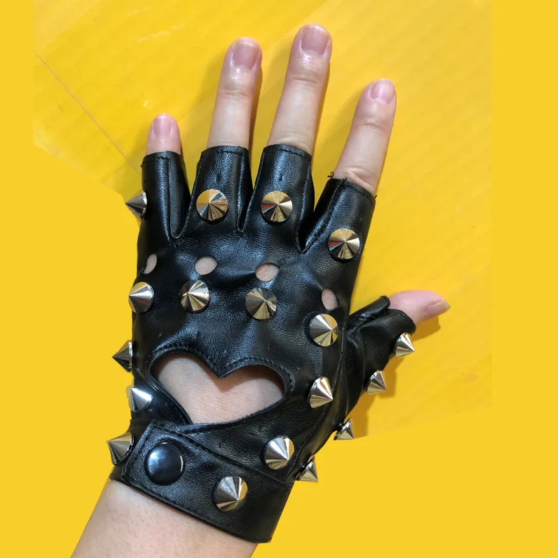 Stage Performance Leather Women Man Half-Finger Rivet Gloves Nightclub Dance Fashion Personality Punk Hip-Hop