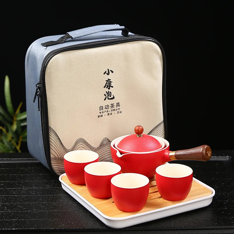 Chinese Porcelain  Gongfu Tea Set Portable Teapot Set with 360 Rotation Tea Maker and Infuser Portable All in One Gift Bag