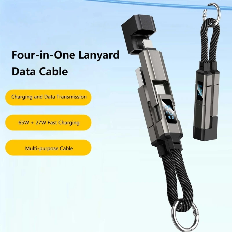 65W 4 in 1 Short Type C Keychain Data Cable Digital LED Display Super Fast Charging PD Wire for iPhone 17 16 15 Samsung Android