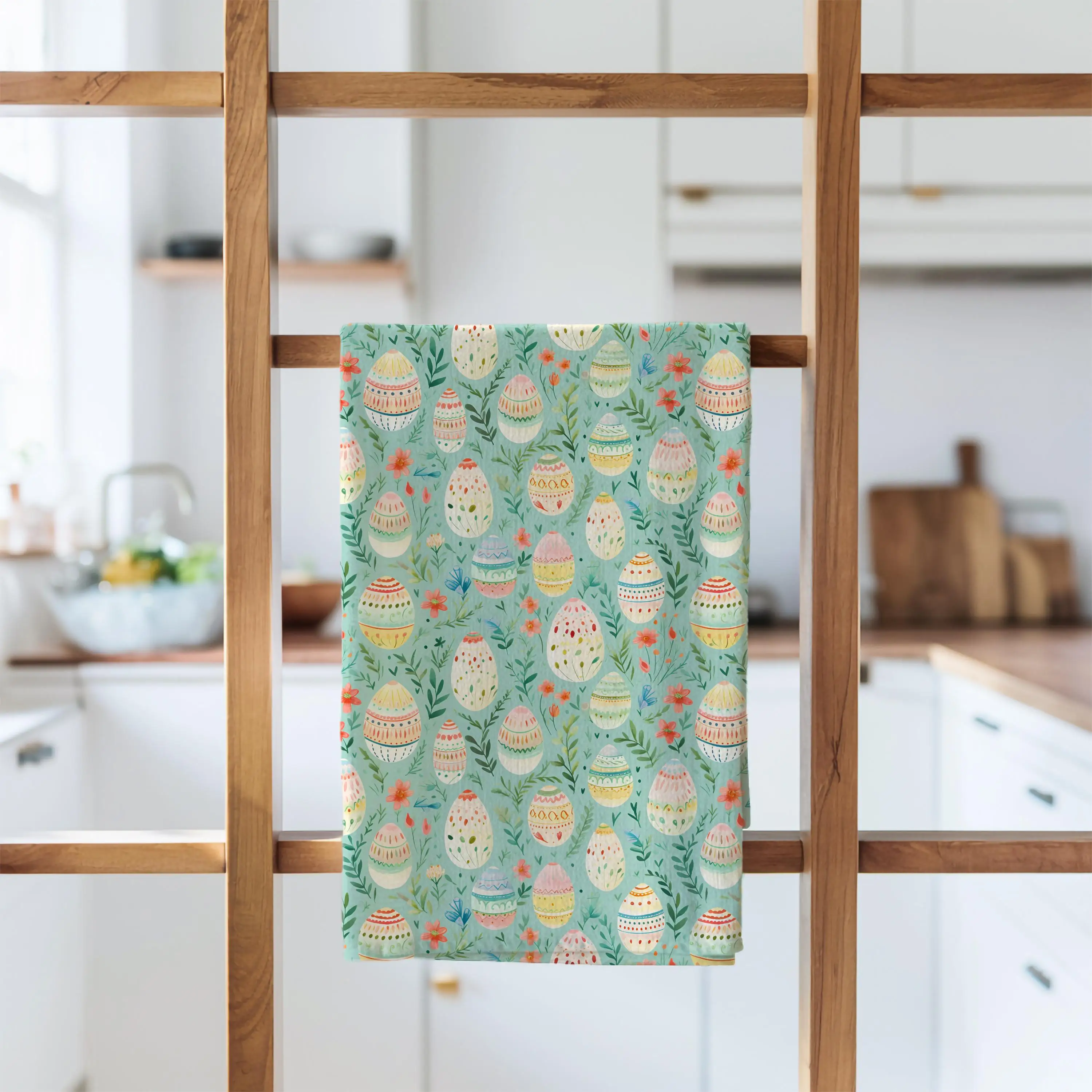 Easter Tea Towel, Mint Green Aqua Watercolor Eggs, Kitchen Dish Towel Hand Towel, Practical Hostess Gift, Seasonal Spring Home