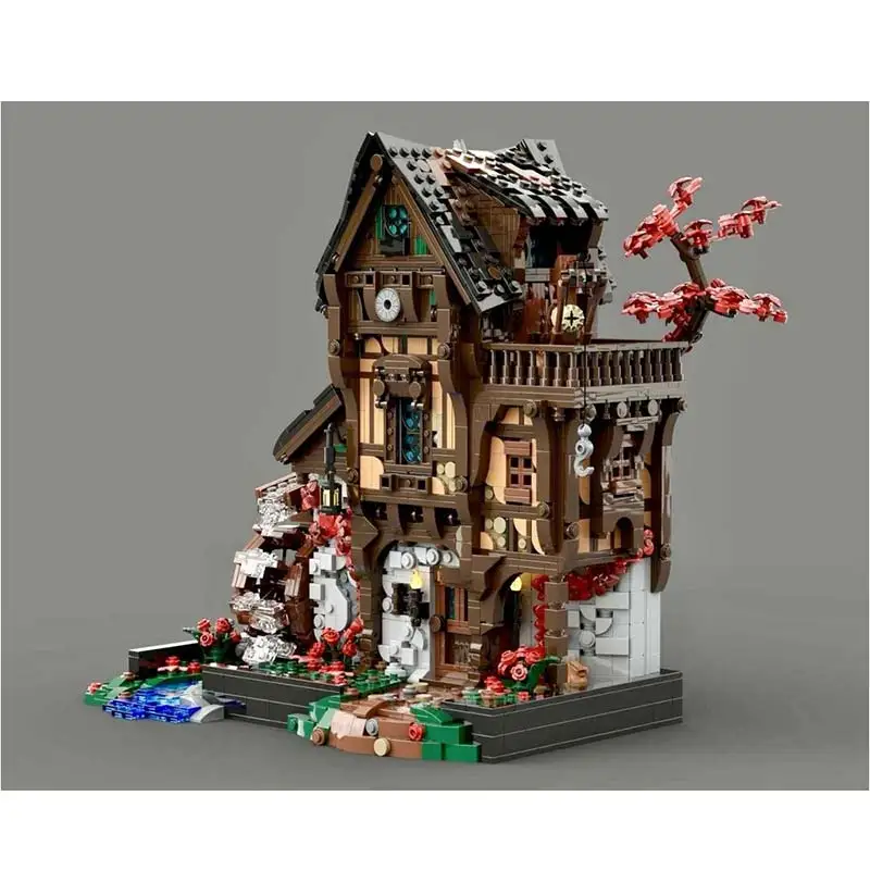 MOC Bausteine Wassermühle Modulare Bäckerei Mittelalterlichen Fantasie Display Serie Eichenbaum Modell Ziegel Spielzeug Für Erwachsene Weihnachten Geschenke