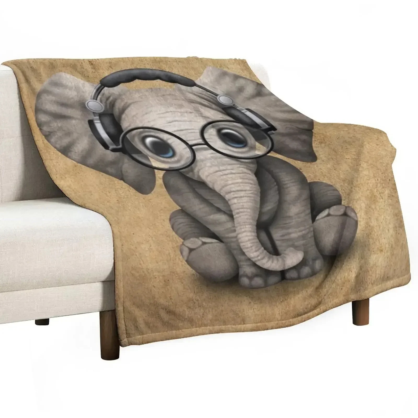 New Cute Baby Elephant Dj Wearing Headphones and Glasses Throw Blanket Soft Beds Polar Blankets