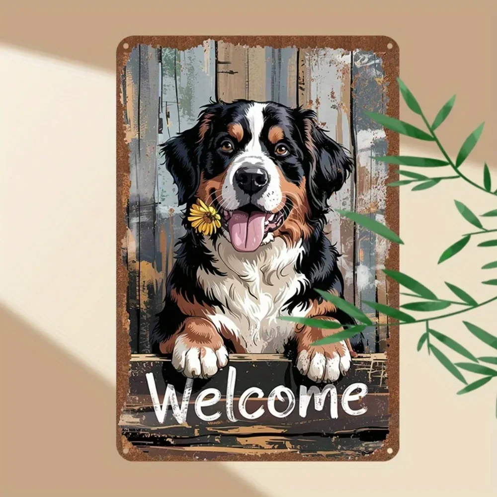 Retro Bernese Mountain Dog Welcome Metal Tin Sign - Rustic Pet Themed Wall Decor for Home Entrance, Porch, and Dog Lovers