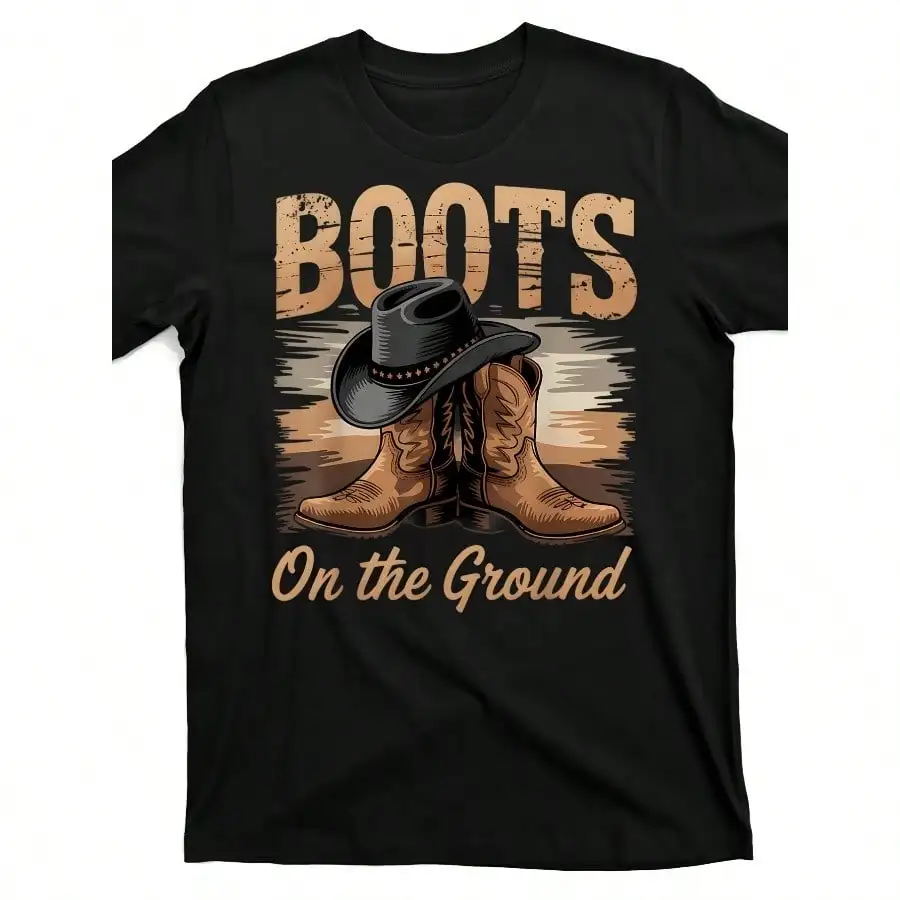 

Men's Vintage Cowboy Boots Graphic T-Shirt - "Boots On The Ground" Design, 100% Cotton, Crew Neck, Short Sleeve