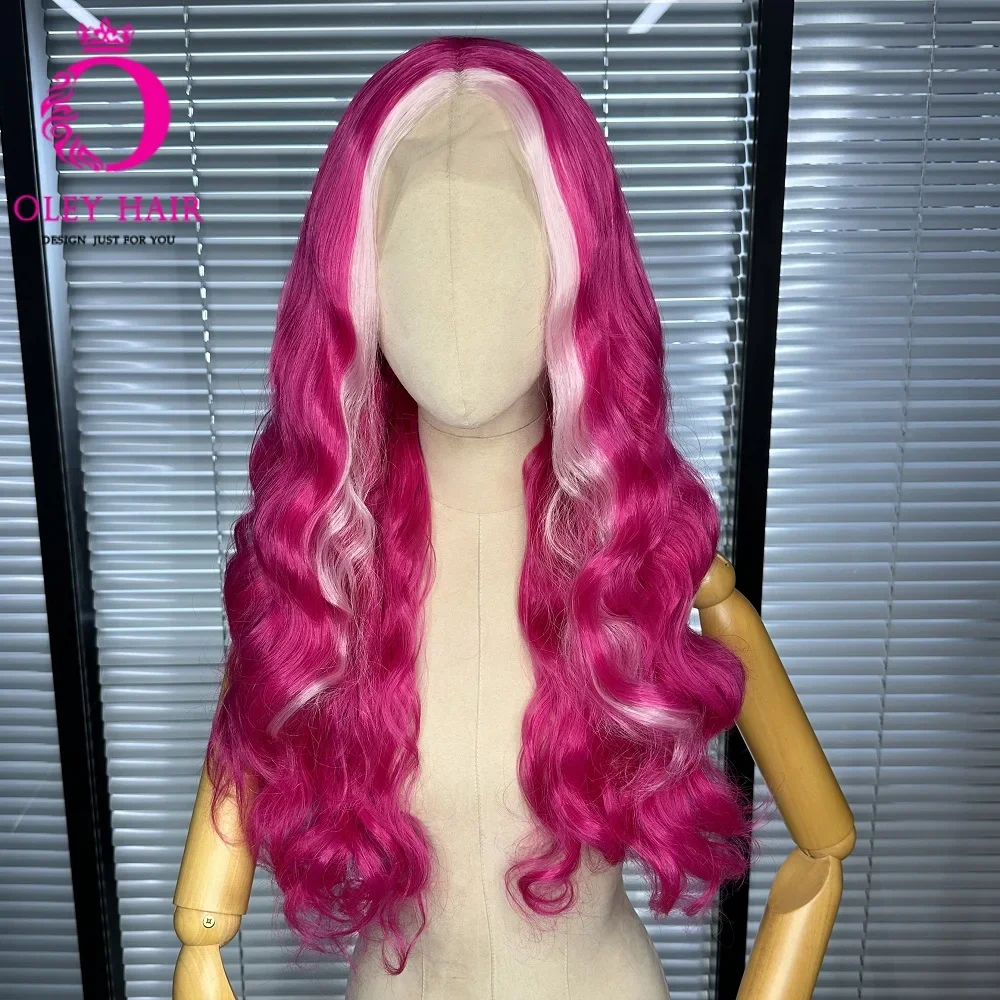 OLEY Highlight Pink 13x4 Synthetic Lace Front Glueless Body Wave Wig  Heat Resistant Pre Plucked Cosplay Drag Queen Women's Wigs