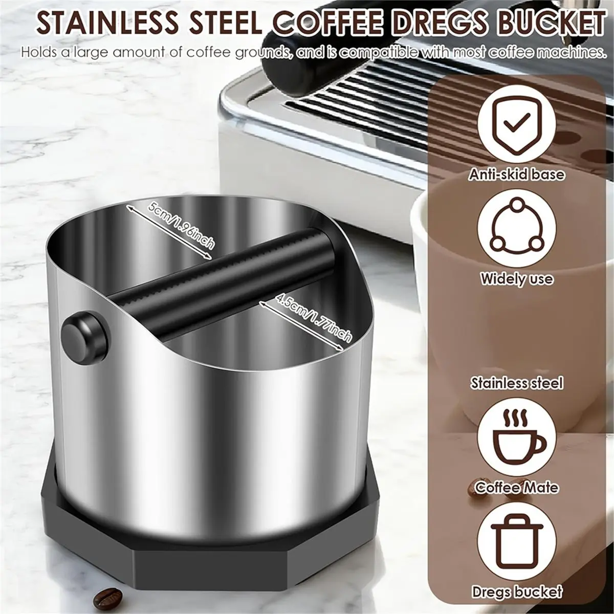 Espresso Knock Box,Coffee Grounds Bin 1600 Ml Stainless Steel Espresso Grounds Boxes,Coffee Waste Container Matte Black