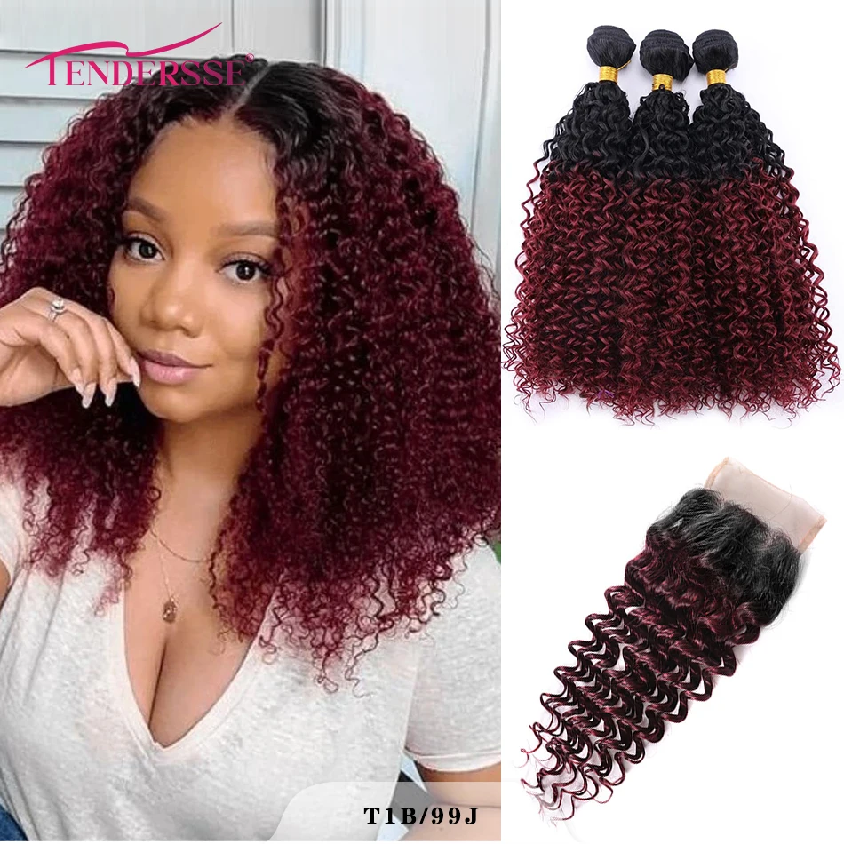 Encaracolado Pacotes com Fechamento de Renda, 100% Cabelo Humano, Kinky Remy, Malásia, Ombre, Brown, Malásia, 3 Pacotes