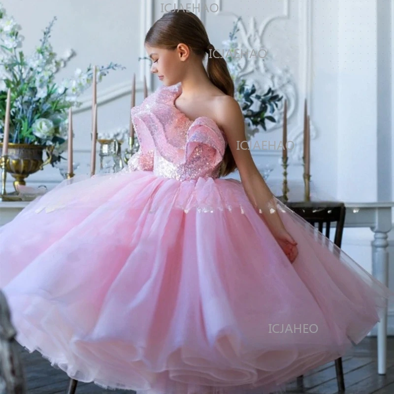 2026 Kids Girls Princess Dress Flower Wedding Gown Children One Shoulder Length Fashion Flower Girl Bridesmaid Host Pink Clothes