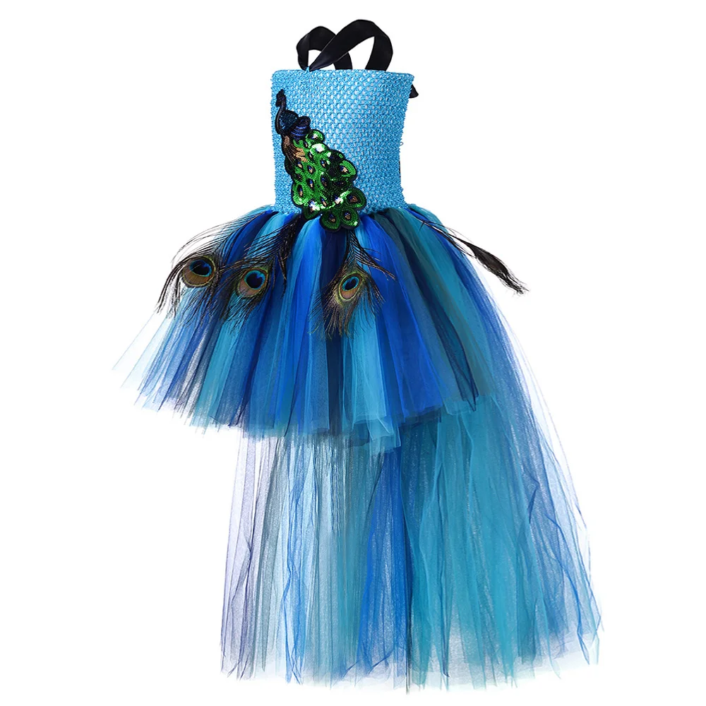 High Low Peacock Trailing Dresses for Girls Christmas Halloween Costumes Kids Birthday Evening Party Fancy Tutus with Long Tail