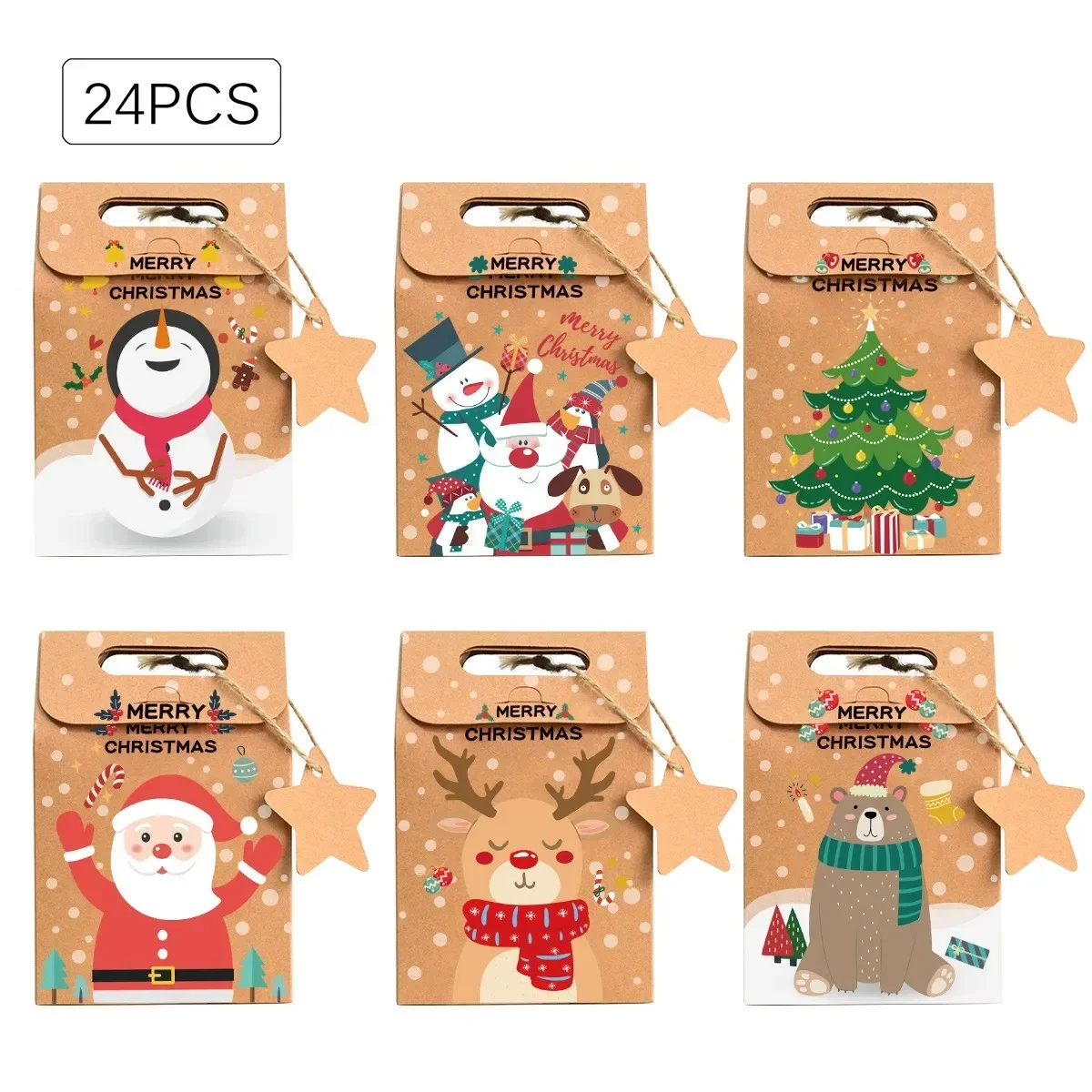 6pc 12pc 24Pcs Christmas Candy Gift Box with Tag Kraft Paper Cookie Snack Packing Bags 2024 Xmas Party Home Decoration New Year