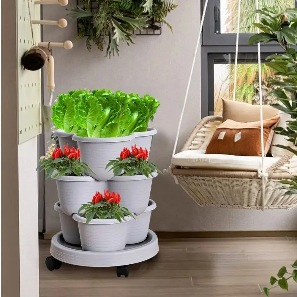 Vertical Tower Stackable FlowerPot Multi-layer with Movable Casters Flower Pot Plastic Strawberry Planter Tower