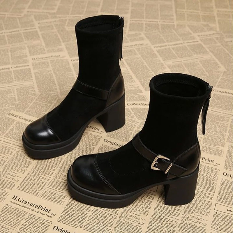 Women Platform Chunky High Heel Ankle Boots Round Toe Buckle Strap Suede Patchwork Stretch Sock Booties Back Zipper Shoes view 3