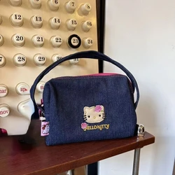 Cute Cartoon Sanrio Helokiti Denim Bag Storage Embroidery Makeup Large-capacity Shoulder Crossbody Bag for both Use