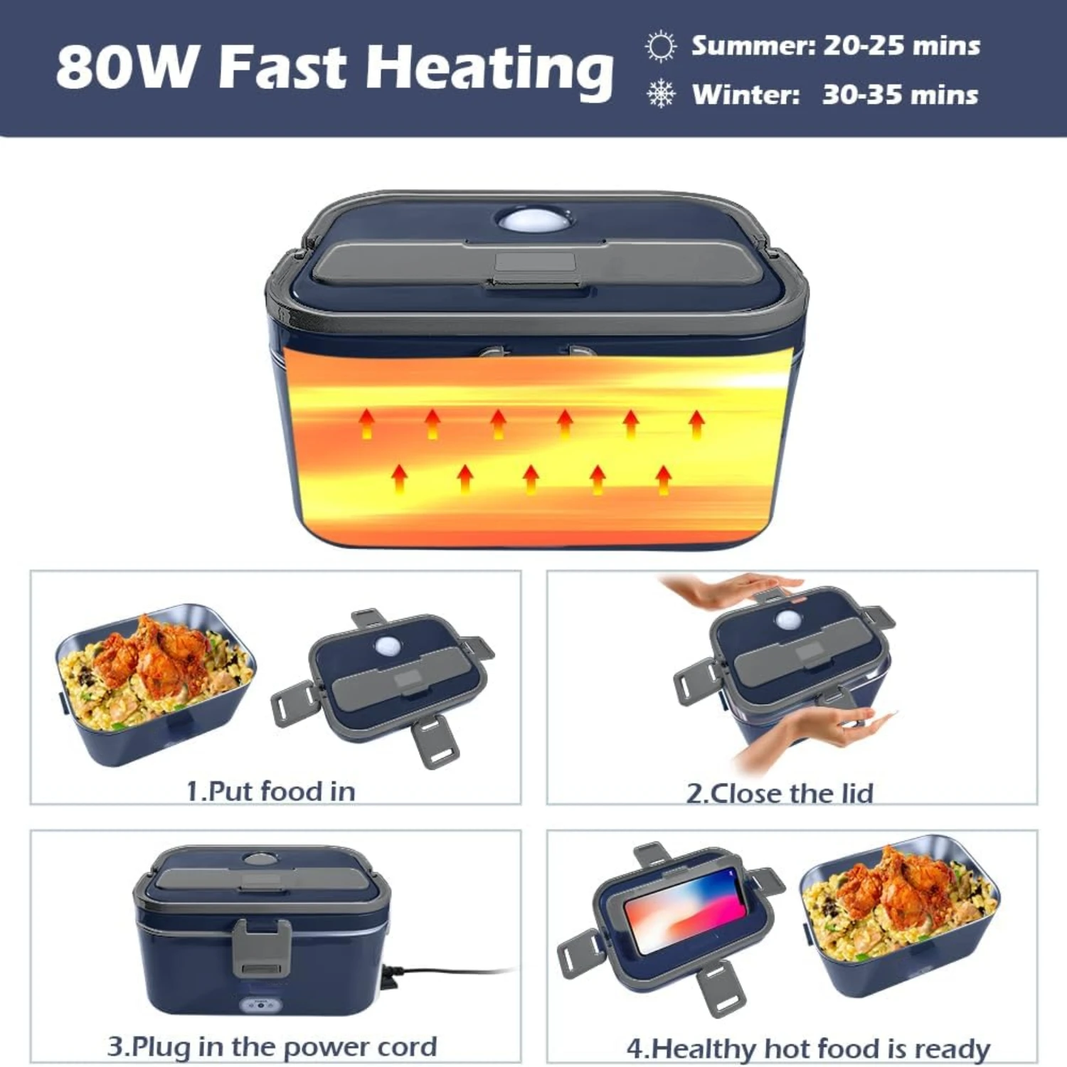 Convenient and Efficient Stainless Steel Heated Insulated Lunch Box with Powerful 1.8L Capacity and 0.45L Compartment - includes