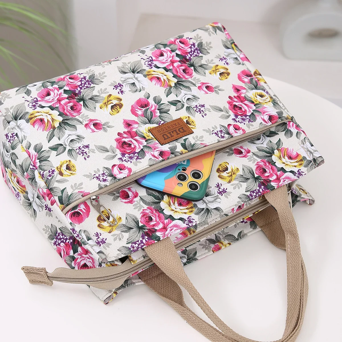 Fashion Floral Print Tote Bag, Portable Canvas Lunch Bag, Women\'s Casual Handbag & Bento Mommy Bag For Picnic Travel