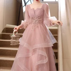 CustomizedShiny Pink Tulle Evening Dresses Elegant Banquet Party Long Sleeve Dresses Engagement Luxury Square Collar Appliques B