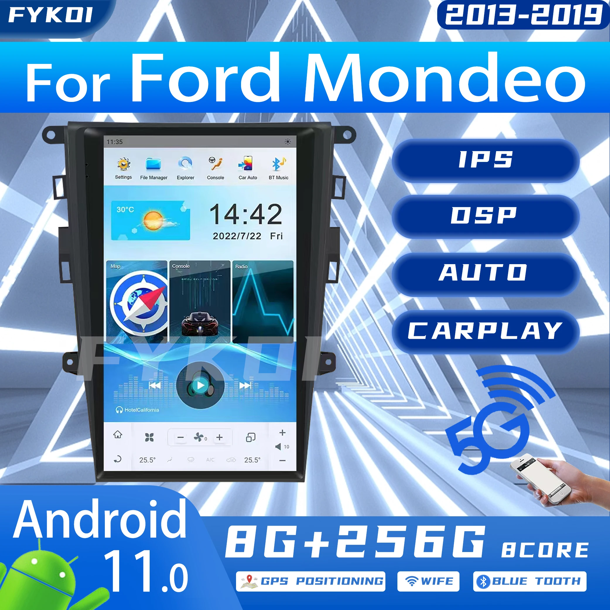 FYKOI Qualcomm 13.6 Inch Car Radio For Ford Mondeo 2013-2019 Tesla Style Automotive Multimedia Carplay Android 11 Auto 4G DSP