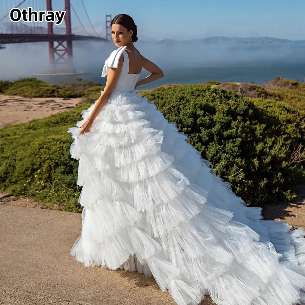 Othray One Initiated Bow Satin Slit A-Line Robes de mariée pour femmes, poignées amovibles, train en tulle à plusieurs niveaux, robes de mariée, quelle que soit la robe de mariée