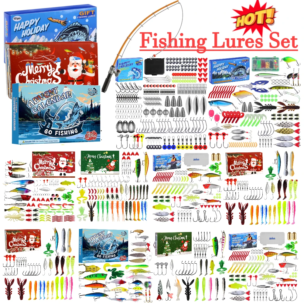 24 Days of Christmas Countdown Calendar 24 Days Fishing Lures Set Xmas Surprise Fish Bait Gift for Fisher Adult Men Teen Boys