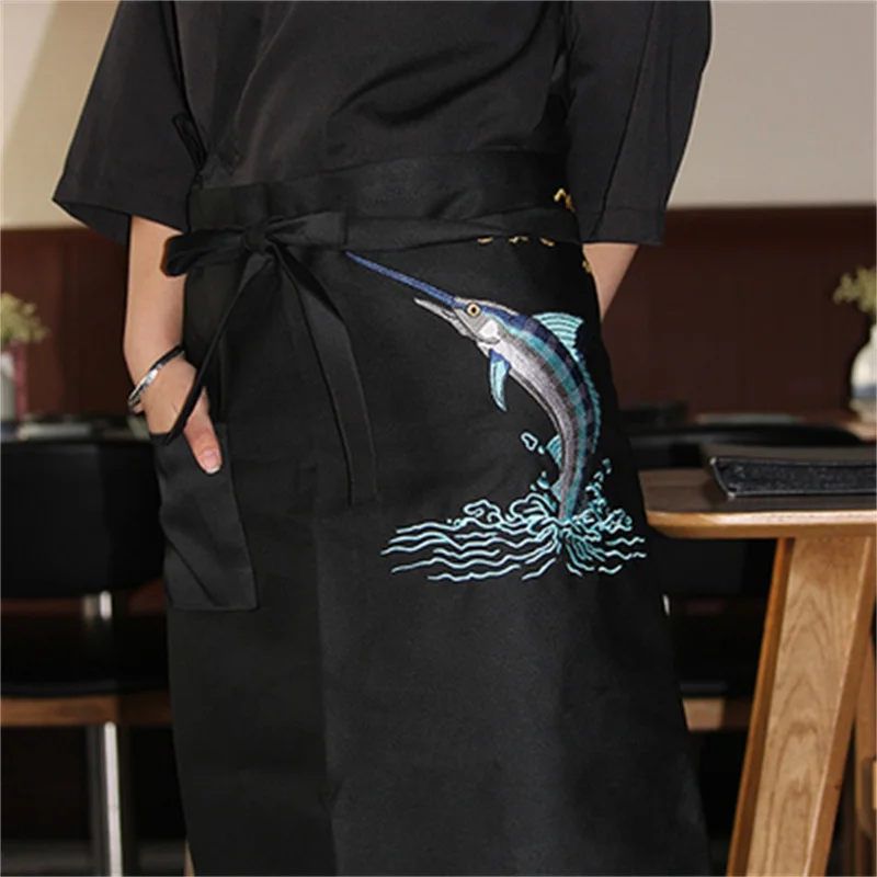 Tablier de service de cuisine japonais, motif brodé, pour chef cuisinier