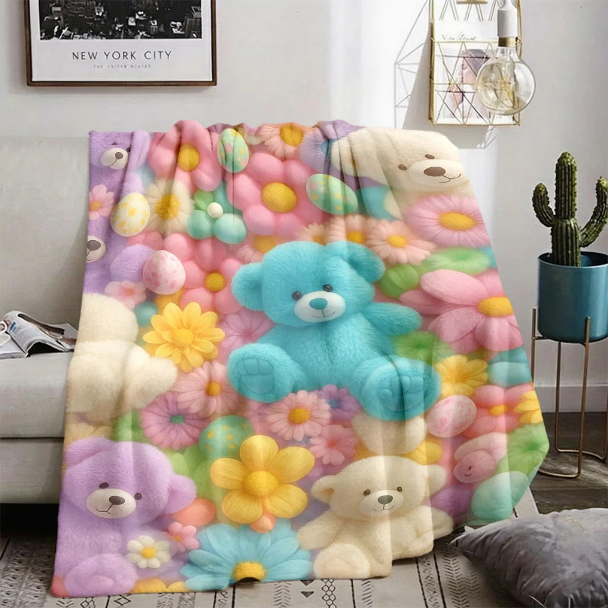 Cartoon Teddy Bear Floral Flannel Blanket, Sweet Pastel Stuffed Bear Art Throw for Living Room Bedroom & Warm Holiday Gift Picks