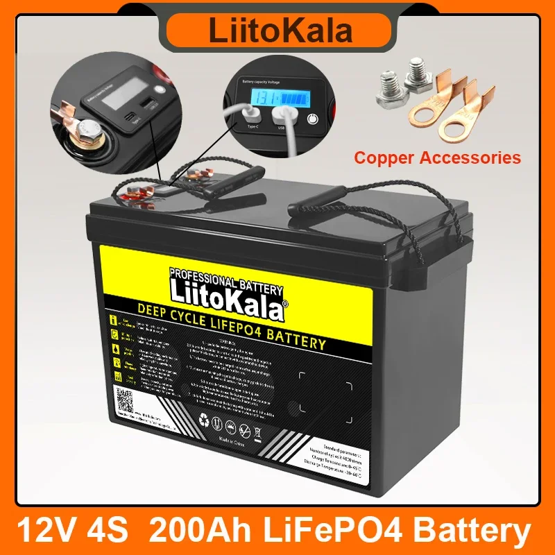 LiitoKala 12v 12.8V 200Ah LiFePO4 battery 4 String BMS USB 3.0 For RV Campers Golf Cart Off-Road Solar Wind 14.6V 20A Charger