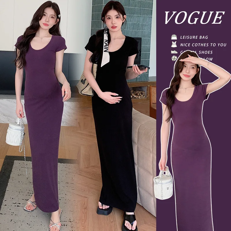 

High-End Purple Maternity Summer Dress: Stylish U-Neck Short-Sleeve Pure Desire Vibe, Slimming for Pregnant Women with Elegance