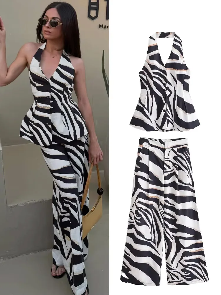 

HH женский брючный костюм на пуговицах, сексуальный тонкий топ без рукавов с открытой спиной 2025, топ + принт, высокая талия, молния, свободные длинные брюки