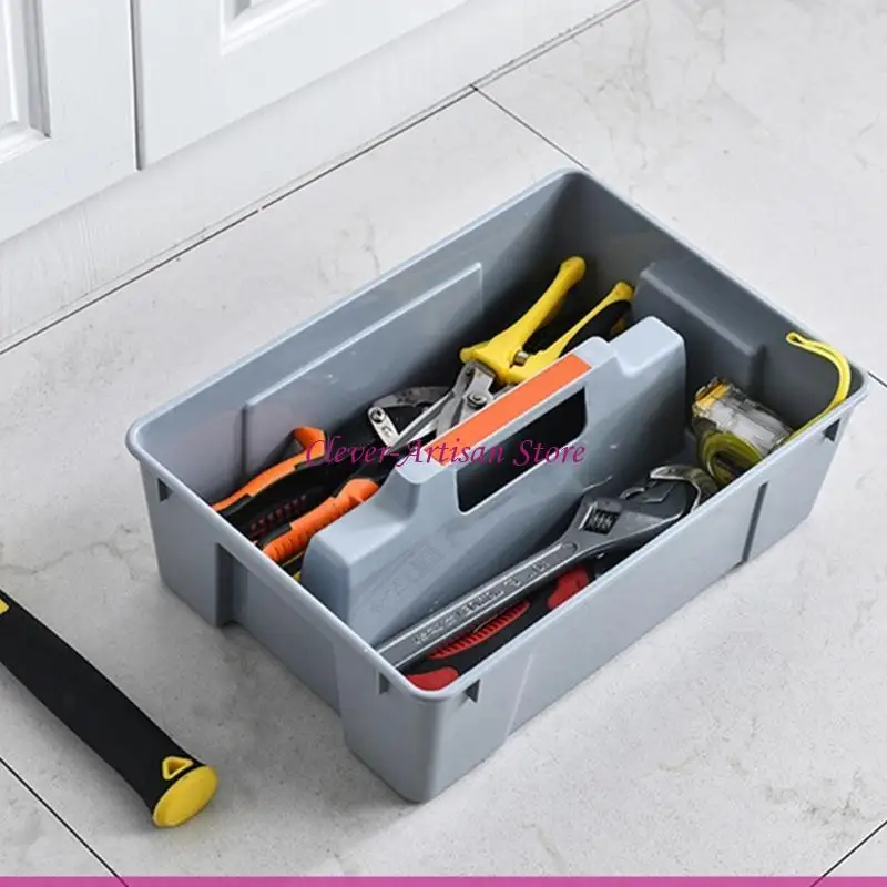 E06B 2 Dividers Tool Storage Box Portable Plastic Hardware Toolbox with Handle for Home Kitchen Living Room