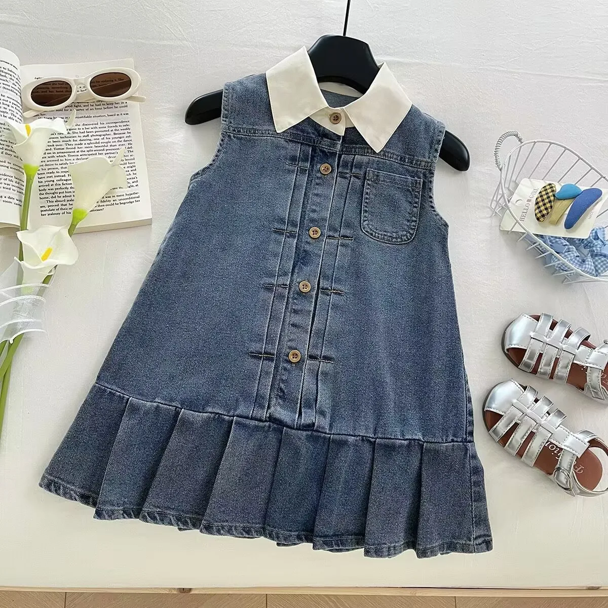 

2025 Summer Girls' Dress Fashion Childrens Turn-down Collar Sleeveless Vest Dress Trendy Baby Kids Princess Dresses
