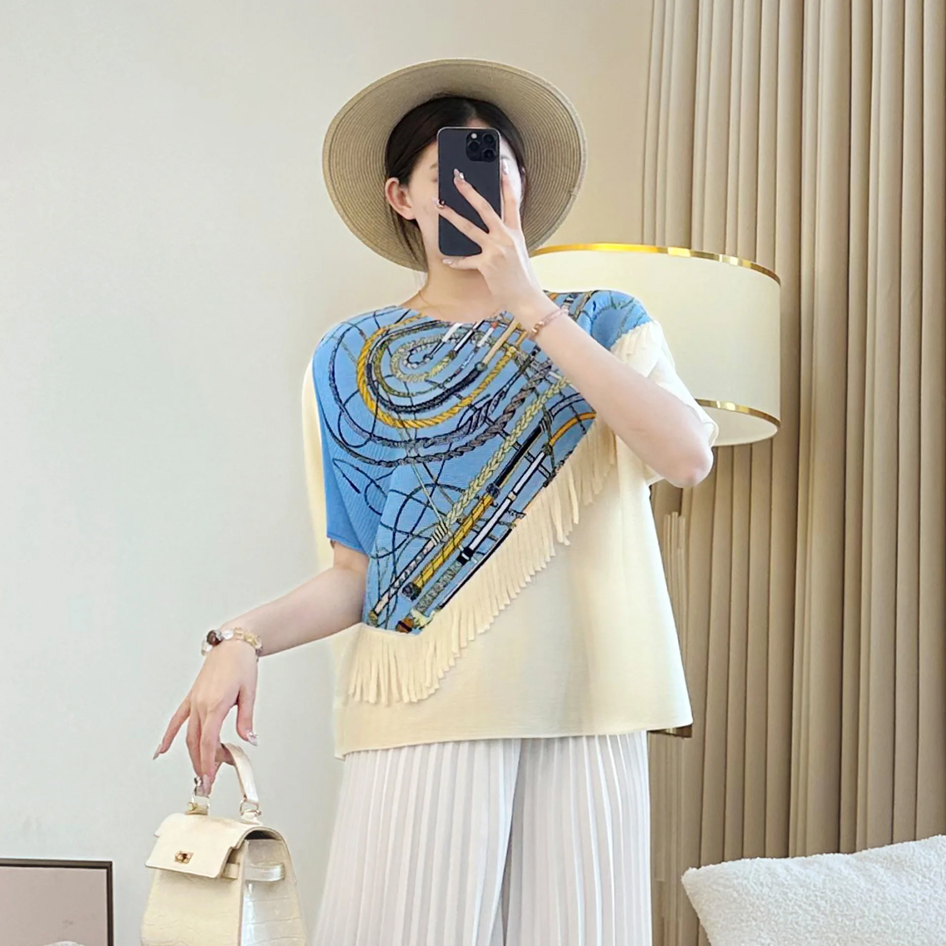 

Miyake Style Pleated T-shirt for Women 2025 New Printed Tassel Round Neck Short Sleeve Loose Versatile Thin Shirt Top
