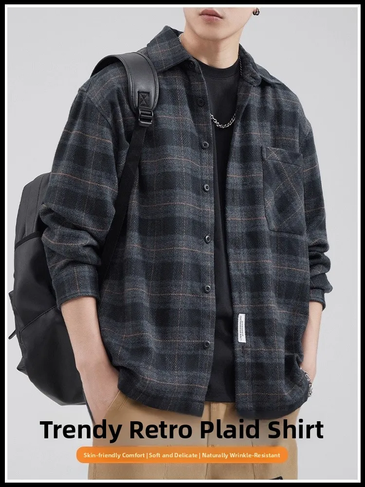

Retro Japanese Plaid irt Men's Autumn New Trend Loose Long Sve Button up Casual Sle Polyester Fiber Youth Faion