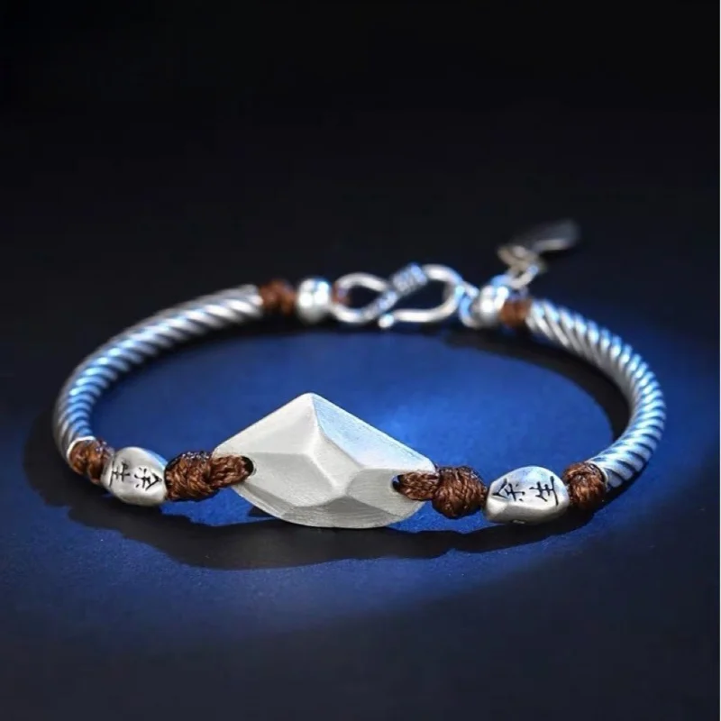 

999 Silver Rest Of My Life Is Yours Lucky Three Lives Stone Bracelet Men And Women Handmade Woven Engraved Jewelr