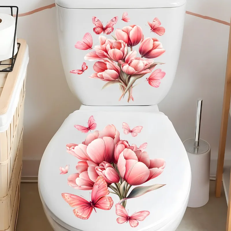 Pink Flowers Toilet Sticker Bathroom Toilet Cover Sticker Wall Stickers Wc for Home Decoration 30x30cm 2 Sheets
