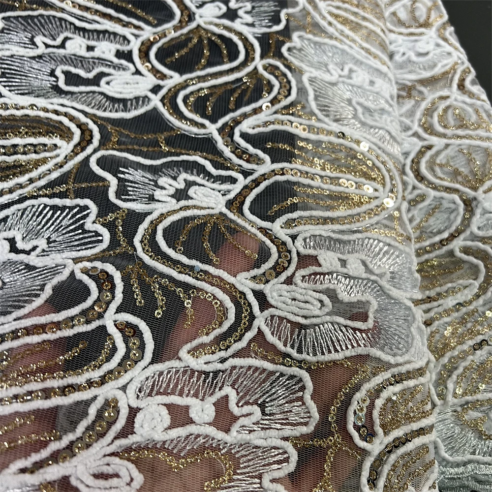 

2026 High-Quality African Nigerian Tulle Lace Fabric Sequins Embroidery French Guipure Prom/Wedding Party Dress Beaded 5 Yards