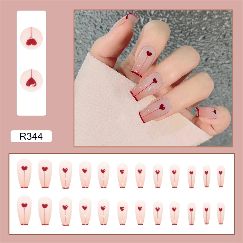 24Pcs/Set Sweet Girls Temperament Fake Nails French Adhesive Acrylic Press on Nails Removable Hand Wearing False Nails Tips