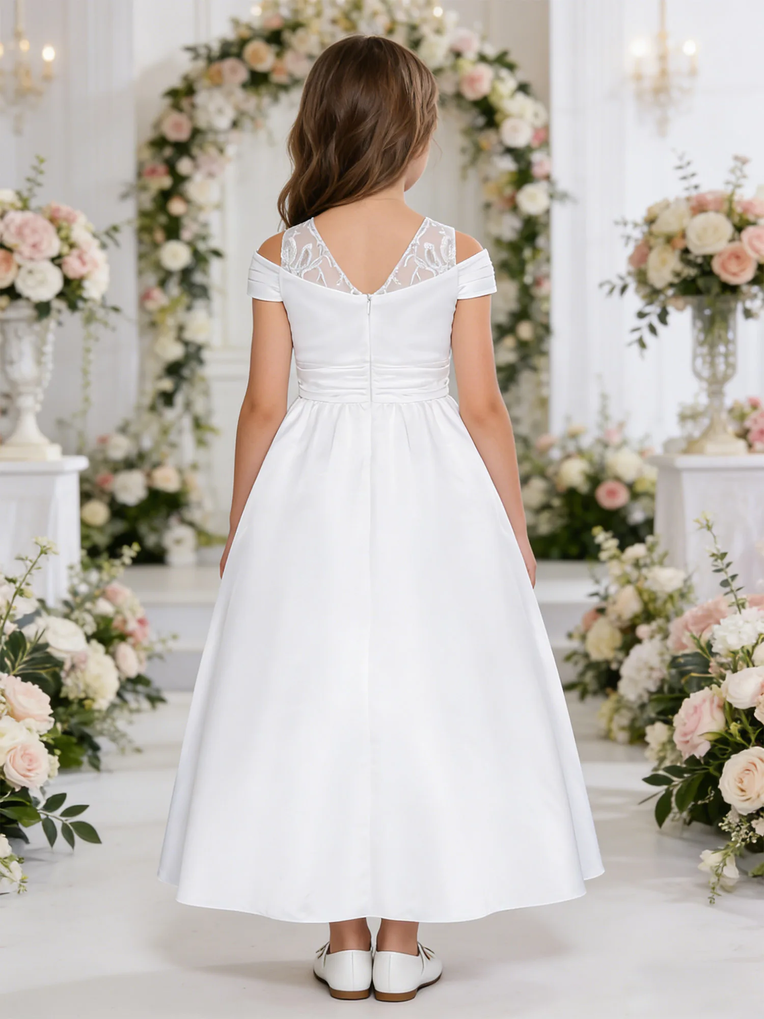 Kids Flower Girls Party Gown Cold Shoulder Embroidered Lace A-line Long Dress for Wedding Birthday Party Banquet Pageant Ball