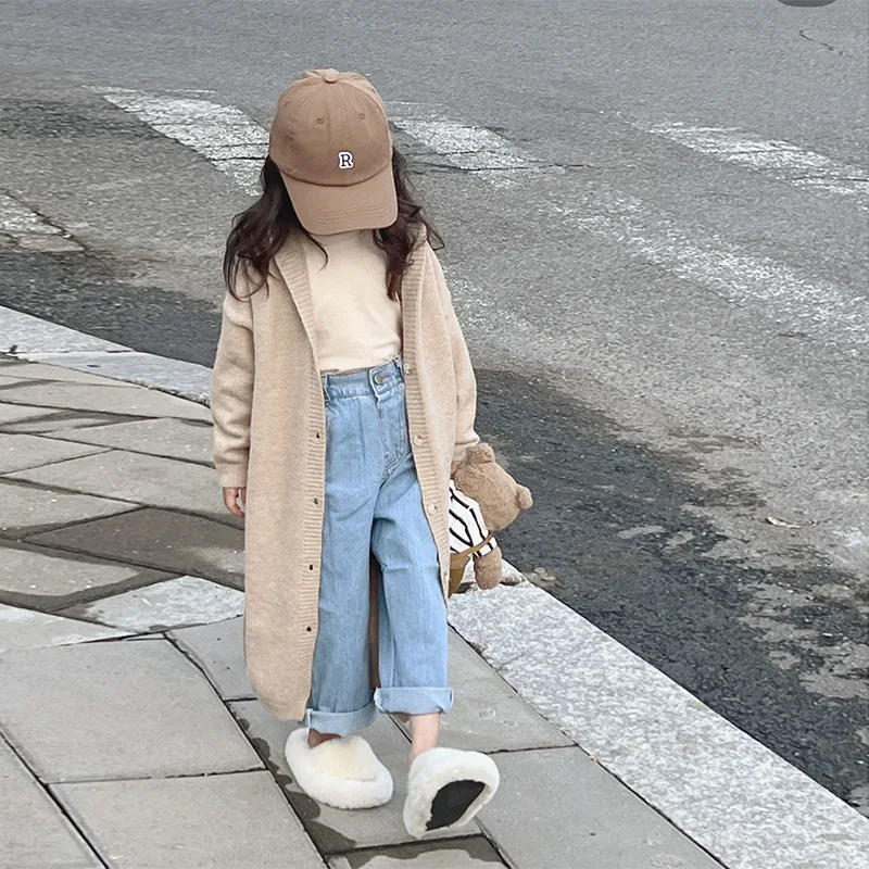 Girl Sweater 2024 Autumn New Knitting Cardigan Medium Length Coat Hooded Loose Coat Wide Legs Jeans Casual Simple Fashion Active