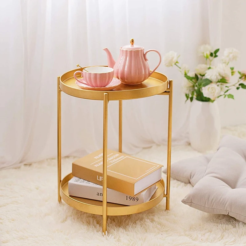 

2 Tier Metal Side Table Removable Tray Gold End Table Small Accent Table Sofa Side Snack Table For Living Room Bedroom