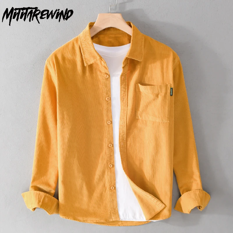

Japanese Style Long Sleeve Shirts for Men Daily Causal Corduroy Tops Lapel Pure Cotton Yellow Shirt with Pocket Vintage Clothes