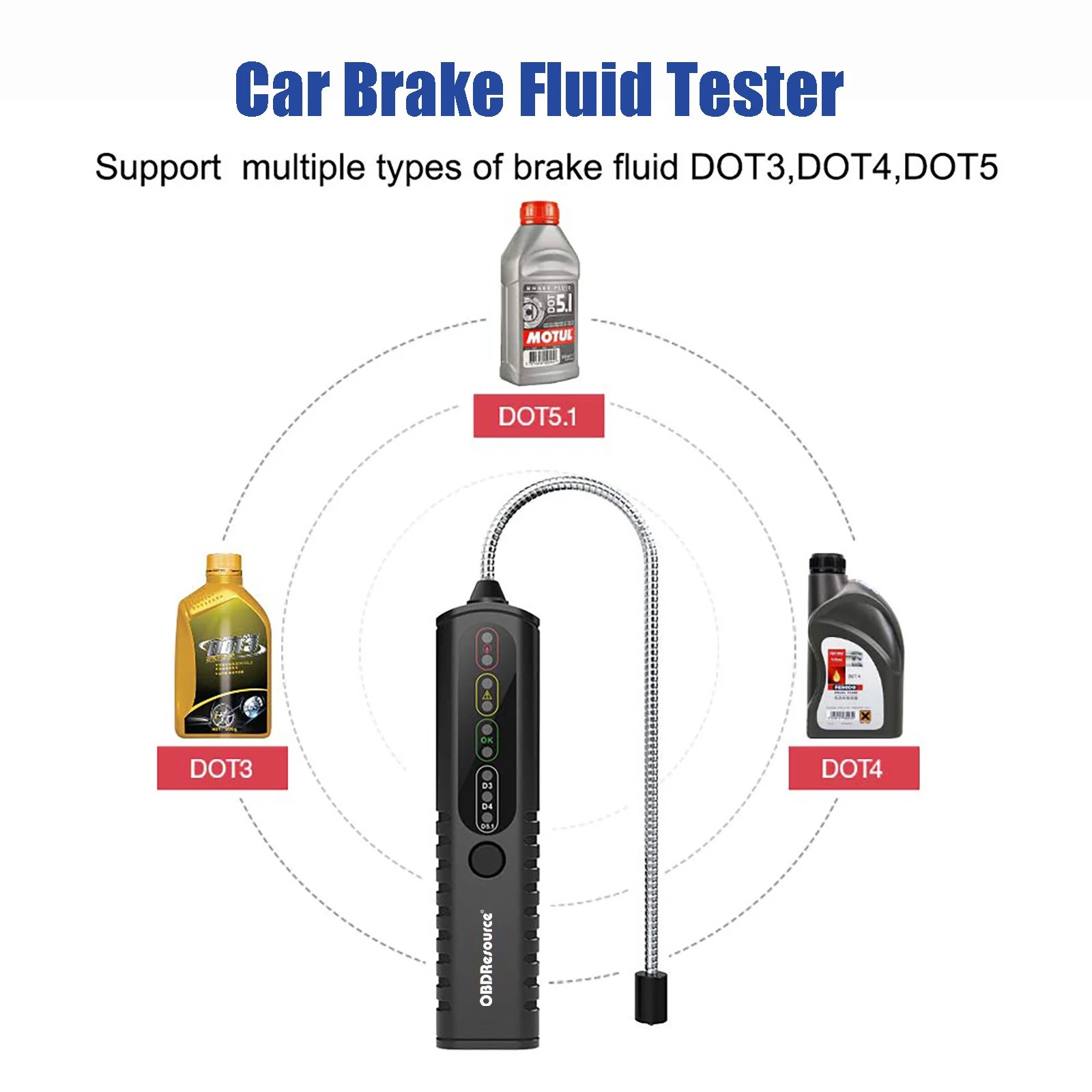 Car Brake Fluid Tester BF100 for DOT3 DOT4 DOT5.1 LED Indicators Accurate Brake Automotive Oil Quality Detector Accessories