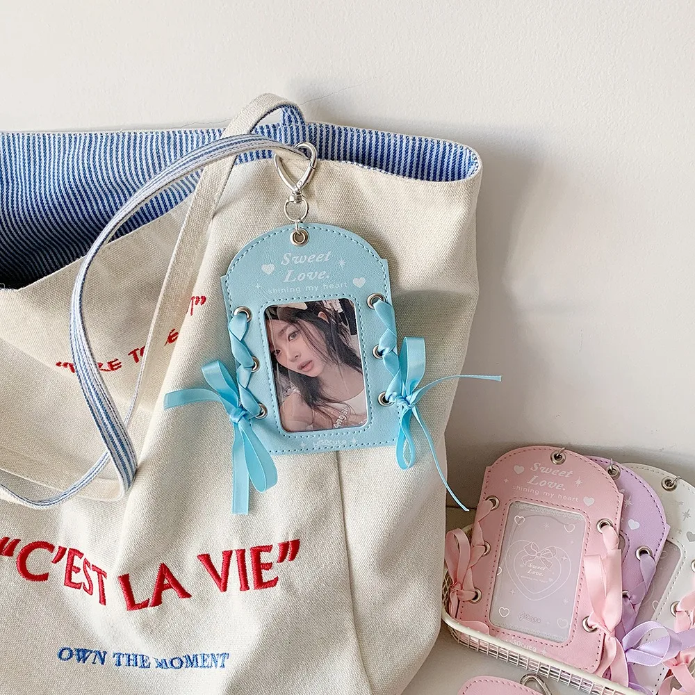 DIY Ballet Ribbon Korean Photocard Holder With Keychain Love Heart Pendant Photo Photocard Frame Hanging Decoration Picture