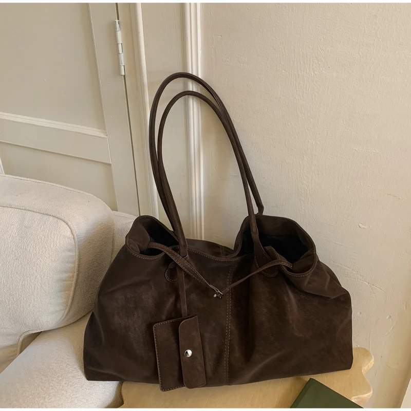 

Vintage Suede Tote Bag Women Belt Buckle Design Soft Leather Shoulder Bag With Card Bag Large Capacity Commute Shopping Handbag