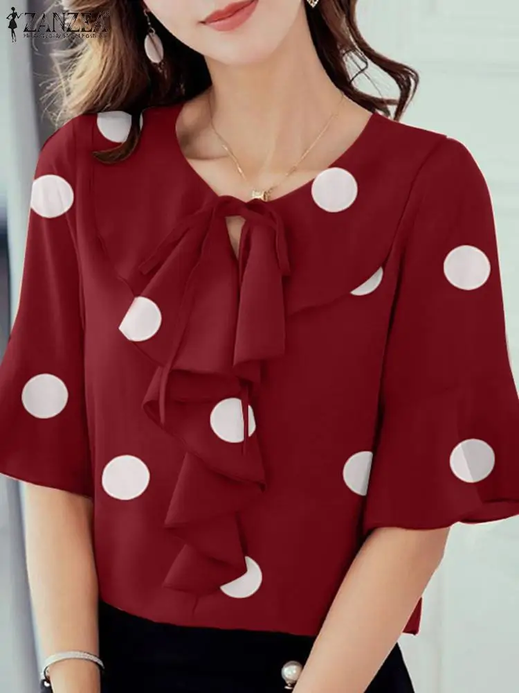 2024 ZANZEA Summer Elegant Lace Up Work Shirt Holiday Blusas Half Sleeve Polka Dot Printed Blouse Women Fashion Ruffles Hem Tops