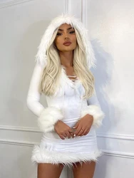 Y2k Hooded Dress for Women Fur Trim Hoodie Dresses Deep V Neck Mini Dress Aesthetic Evening Party Clubwear