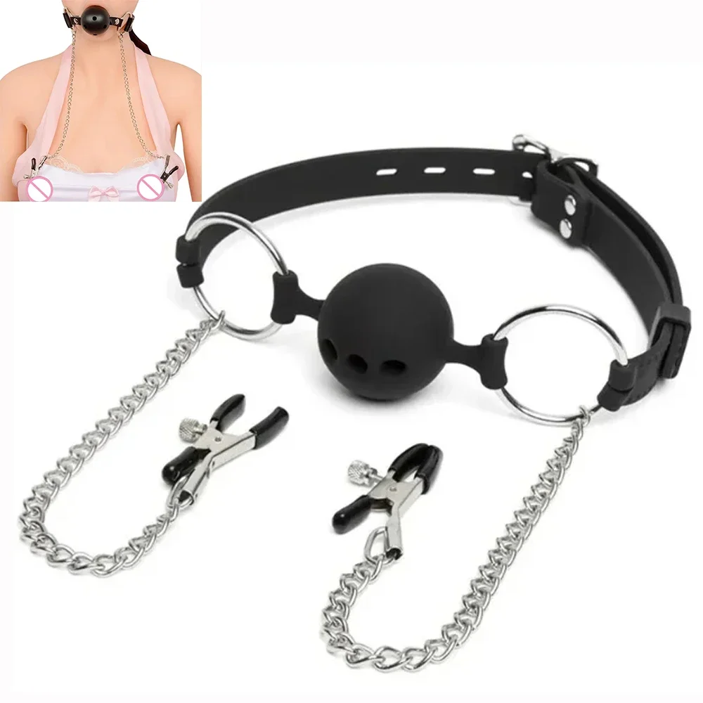 

Adult Games Oral Ball Gag with Chain Nipple Clamp Breast Stimulator BDSM Flirting Bondage Ball Role Play Fetish Erotic Toy 18+