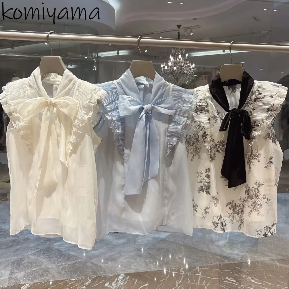 

Bow Flying Sleeve Blusas Mujer Fungus Pleated 2025 Shirts & Blouses Japan Preppy Style Woman Clothing Elegant Ropa Camisas