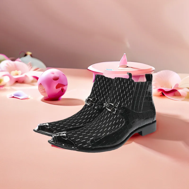 

Fashion Punk Style Patchwork Genuine Leather Men Shoes England Cowboy Ankle Boots High Rubber Boots Metal Pointed Toe Shoes Men