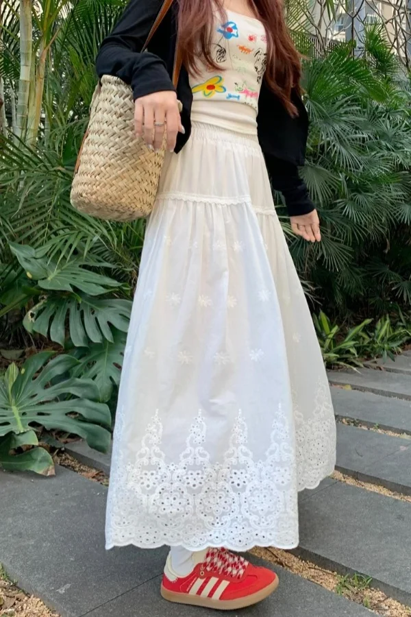 

Plus Size Skirt for Women Heavy Crochet Embroidery High Waist A Line Flared Long Skirt Slimming Belly Cover Elegant Maxi Skirt