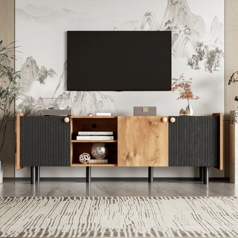 Soporte para TV de mediados de siglo con 3 gabinetes, mesa consola multimedia para televisores de hasta 70 pulgadas, centro de entretenimiento con almacenamiento para sala de estar B